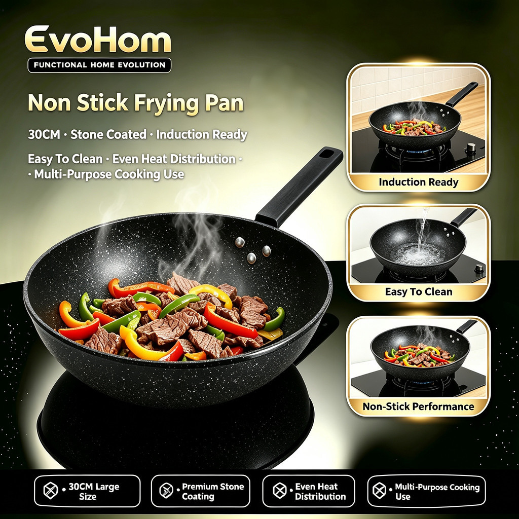 EvoHom 30CM Non Stick Frying Pan with Steady Handle Induction Ready Wok ...