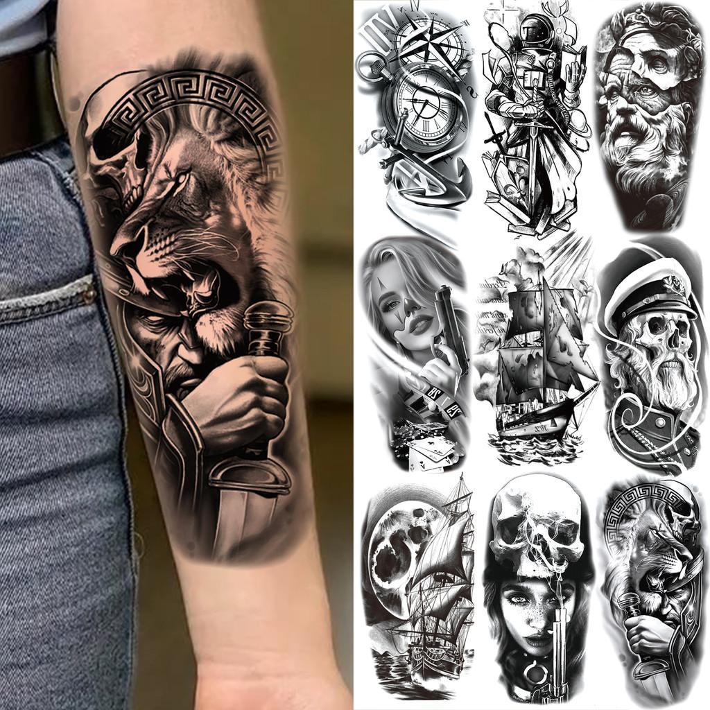 Lion Warrior Compass Skull Gangster Waterproof Temporary Tattoos For ...