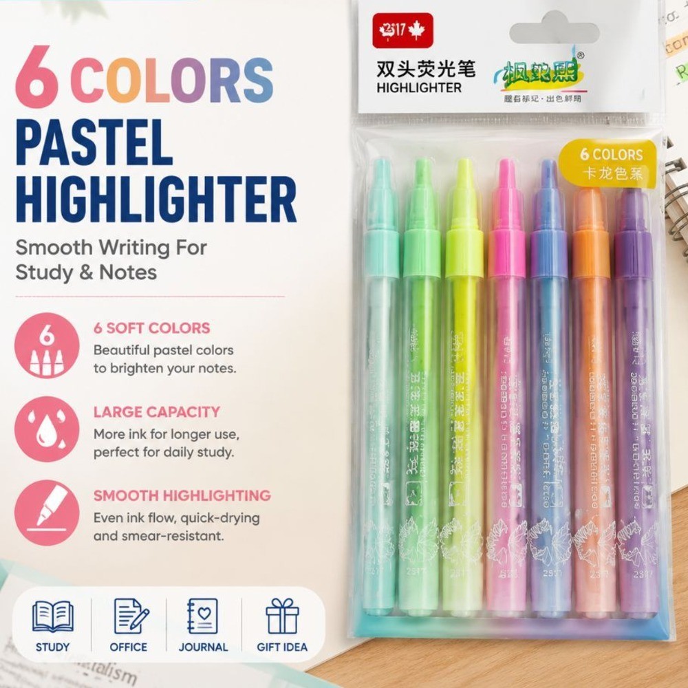 6 Colors Pastel Highlighter Pen Set Large Capacity for Study Notes ...
