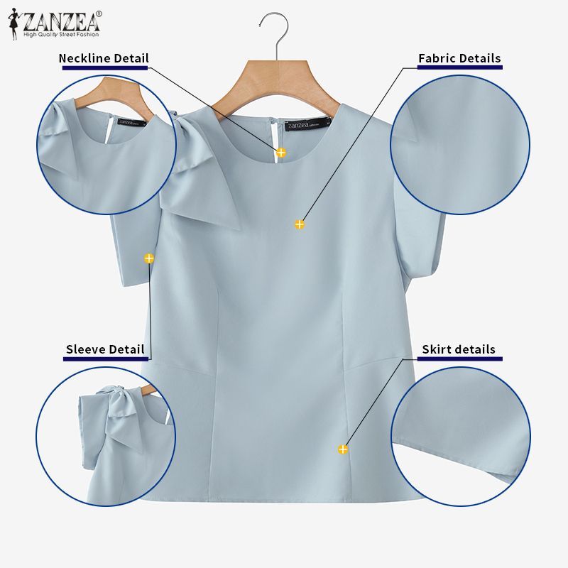 ZANZEA Women Korean Elegant Advanced Round Neck Bows Decorate Pleats ...