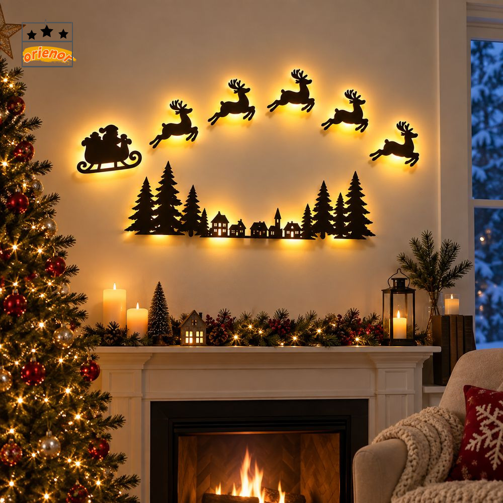 ORIENOR 7Pcs Reindeer Christmas Wall Decor Light, LED Glowing Wood ...