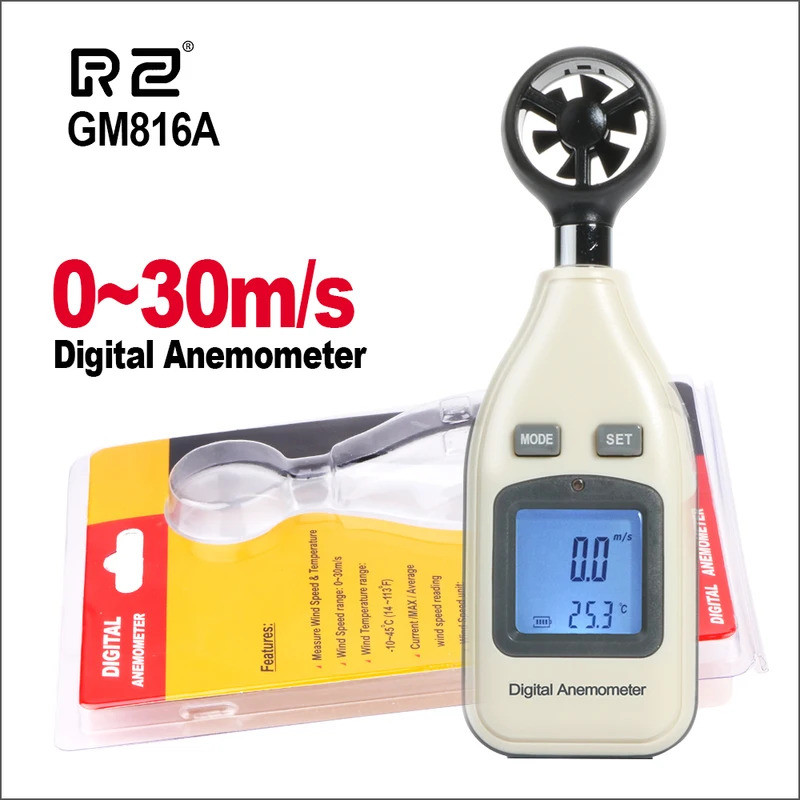 RZ Anemometer Wind Speed Meter Windmeter 0-30m/S Mini Handheld Digital ...