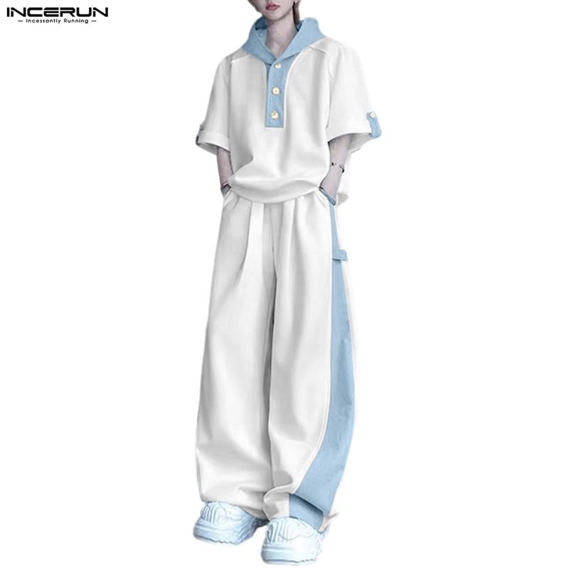 INCERUN Men's Splicing Color Contrast Half Sleeve Hoodie+Pants Set ...