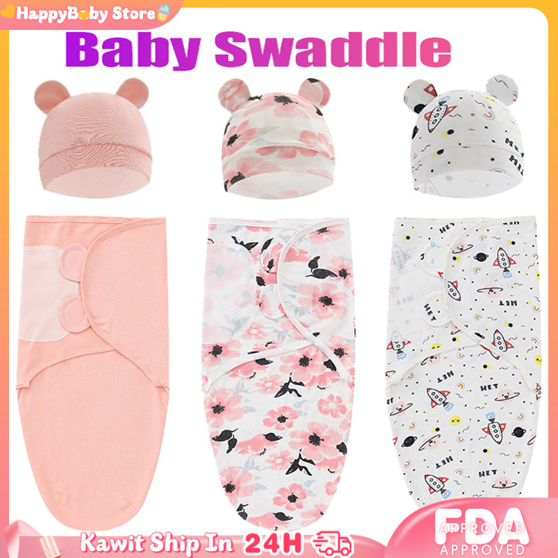 Instant Swaddle Newborn Baby Cotton Swaddle Wrappers Bonnet Sets With ...