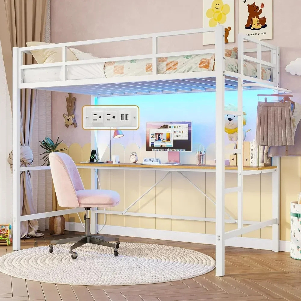 Loft Bed, With Desk And Led Lights Metal Full Loft Bed With Power ...