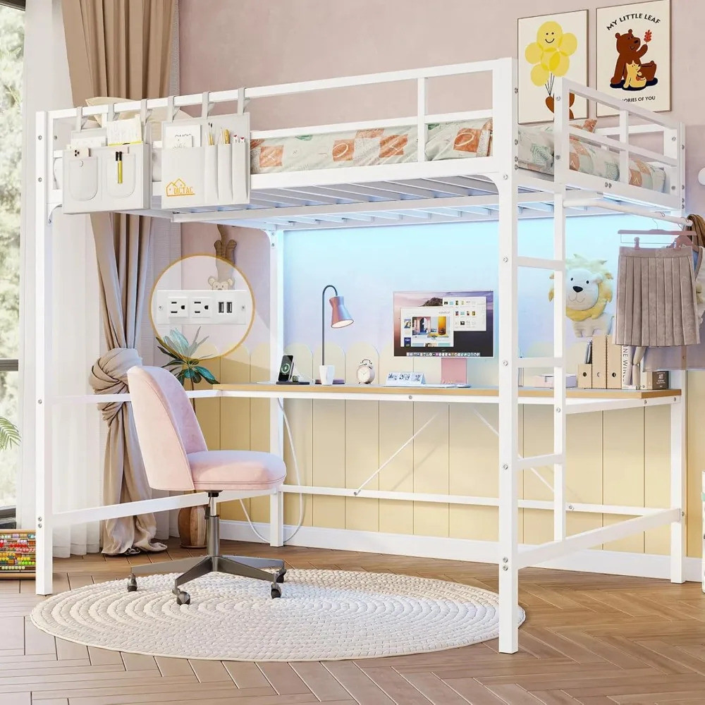 Loft Bed Full Size With Desk And Led Lights Metal Full Loft Bed With ...