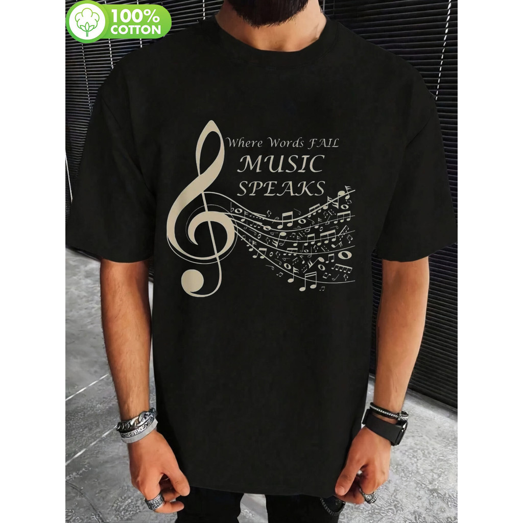 100% Cotton Men'S Casual T-Shirt with Treble Clef Music Notes Design ...
