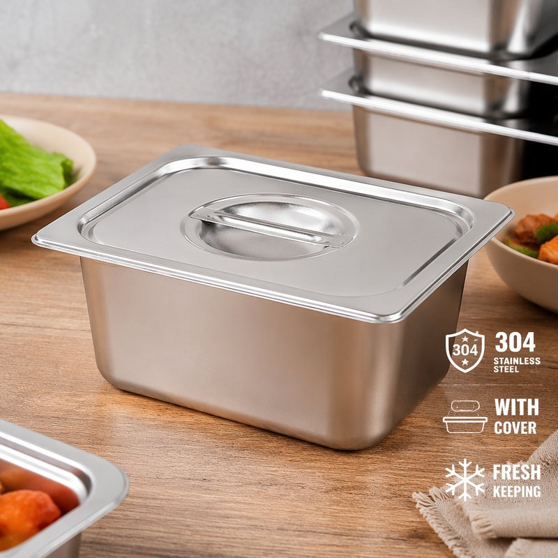 304 Stainless Steel Food Pan With Lid Rectangular Buffet Tray Steam ...