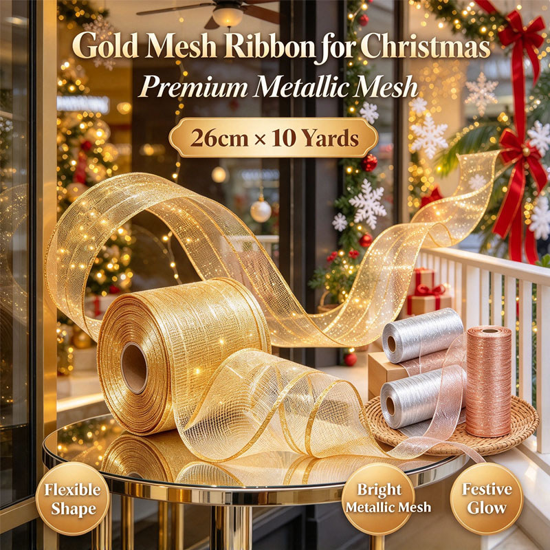 Glitter Gold Mesh Christmas Ribbon 10Yards 26cm Wide Xmas Gift Wrap ...