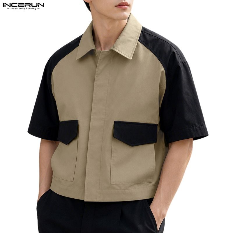 INCERUN Men Korean Urban Fashion Cargo Style Lapel Short Sleeve ...