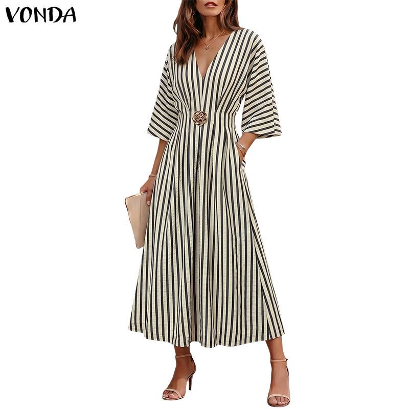 VONDA Women Vintage Elegant Office Casual V Neck 3/4 Sleeve Metal Decor ...