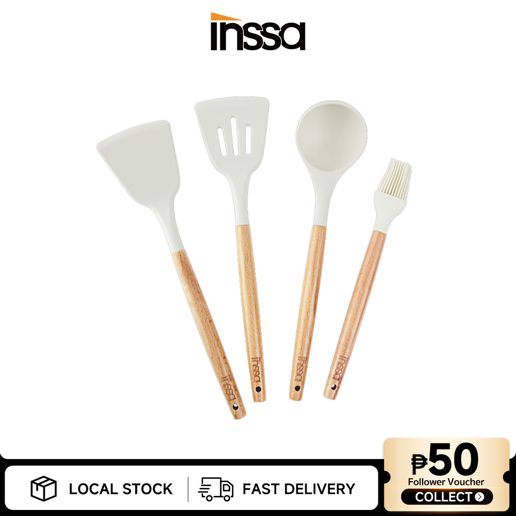 Inssa 4pcs Cooking Utensils with Wooden Handle Silicone Material Heat ...