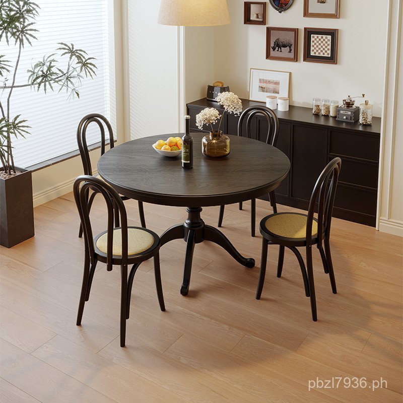 Lightweight round Mediterranean solid wood dining table and chairs ...