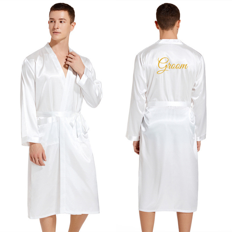 Mnes Long Groom Robe Mens Satin Silky Wedding Kimono Bathrobe Dressing Gown  Long Sleeves with Glitter Gold Powder Writing | Shopee Philippines