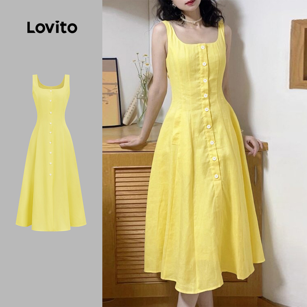 Lovito Women Casual Dress Button Front Spring/summer Yellow Dress ...