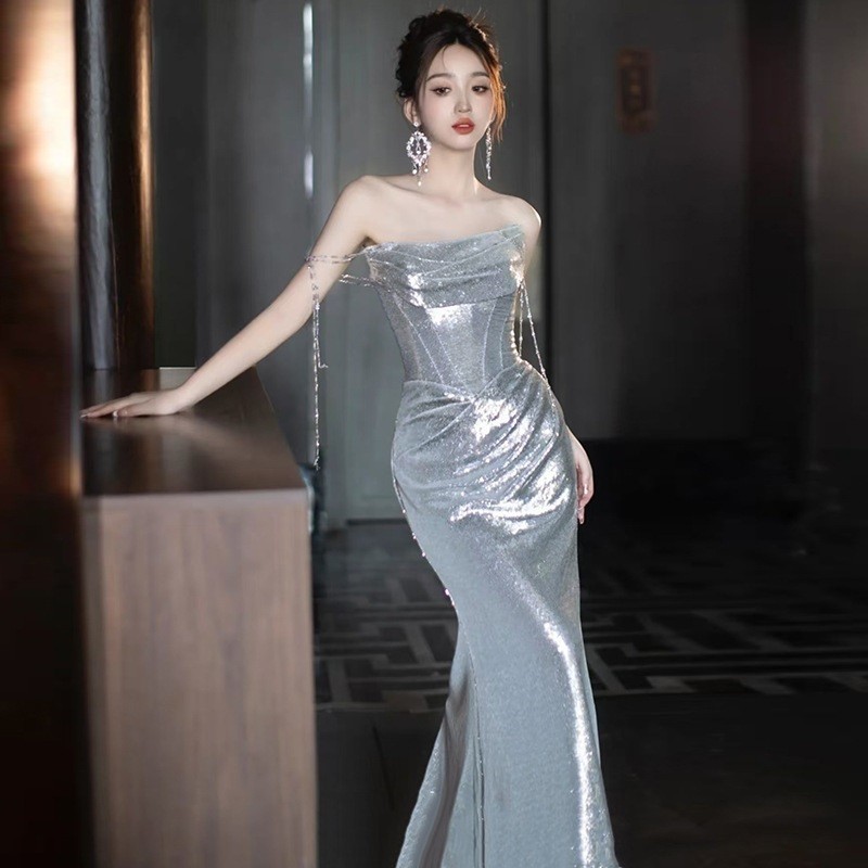 silver dresses for birthday Sequin Evening Dress Women Off-shoulder Banquet Slim Fit Fishtail Party Long Formal Gown and you can get short camisole dress Faeriesty Elegant Asymmetric Neck Color:Full Champagne w/Pearl Lace
