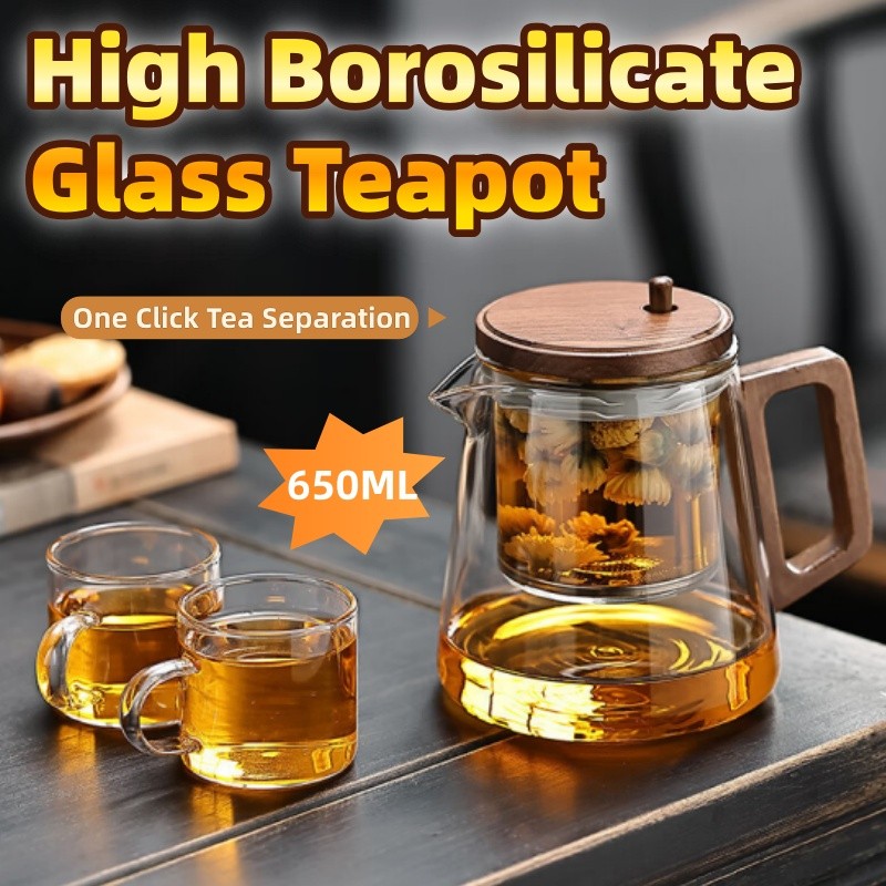 650ML High Borosilicate Glass Teapot with Wooden Handle One Click Tea ...