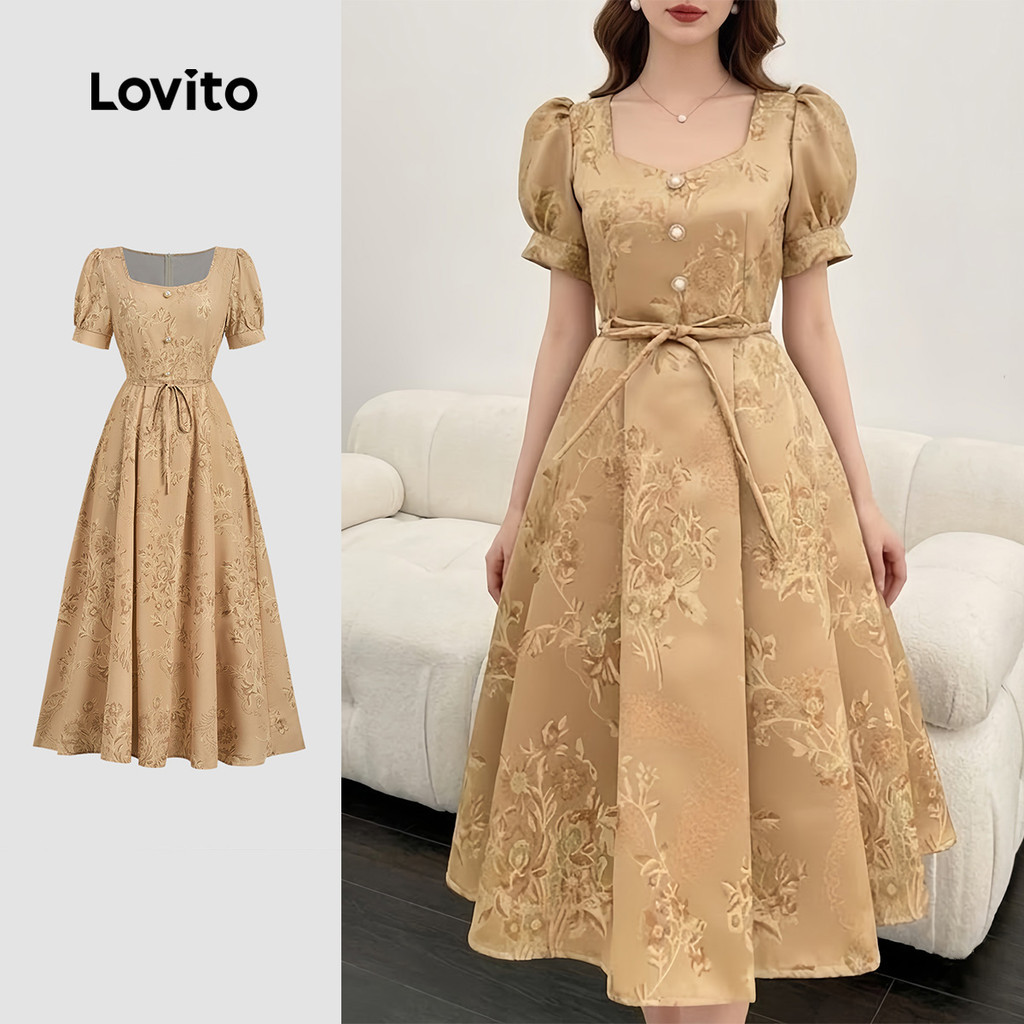 Lovito Women Elegant Dress Button Front Spring/summer Khaki Dress ...