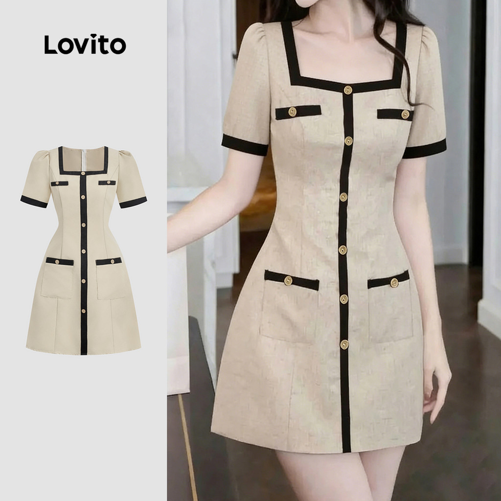 Lovito Women Elegant Dress Zipper Fake Pocket Button Front Spring ...