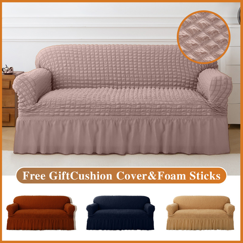 1/2/3/4 Seater Couch Seersucker Skirt Sofa Cover Removable Slipcover ...