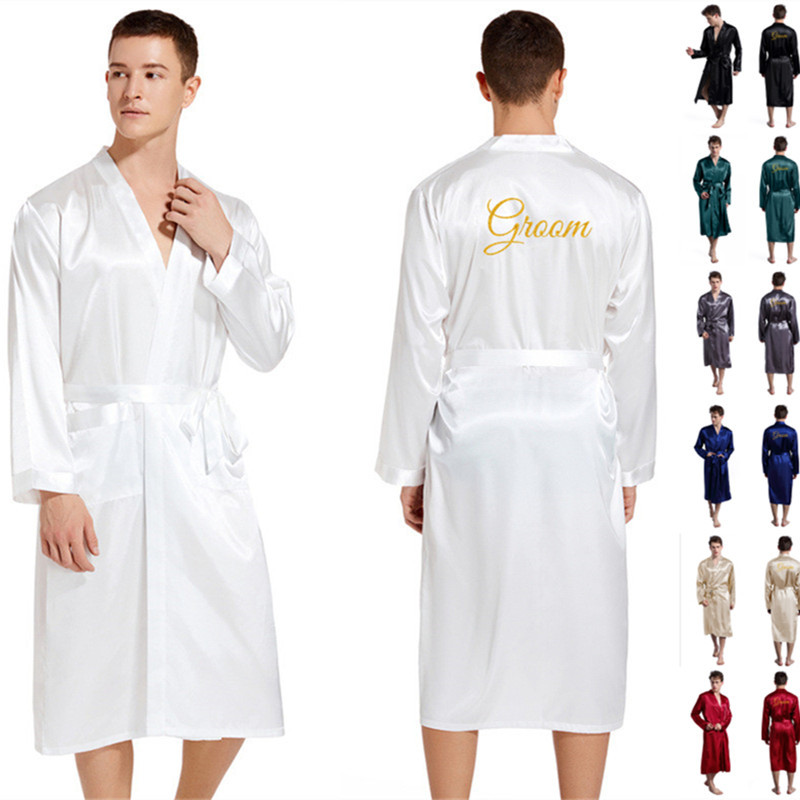 Mnes Long Groom Robe Mens Satin Silky Wedding Kimono Bathrobe Dressing Gown  Long Sleeves with Glitter Gold Powder Writing | Shopee Philippines
