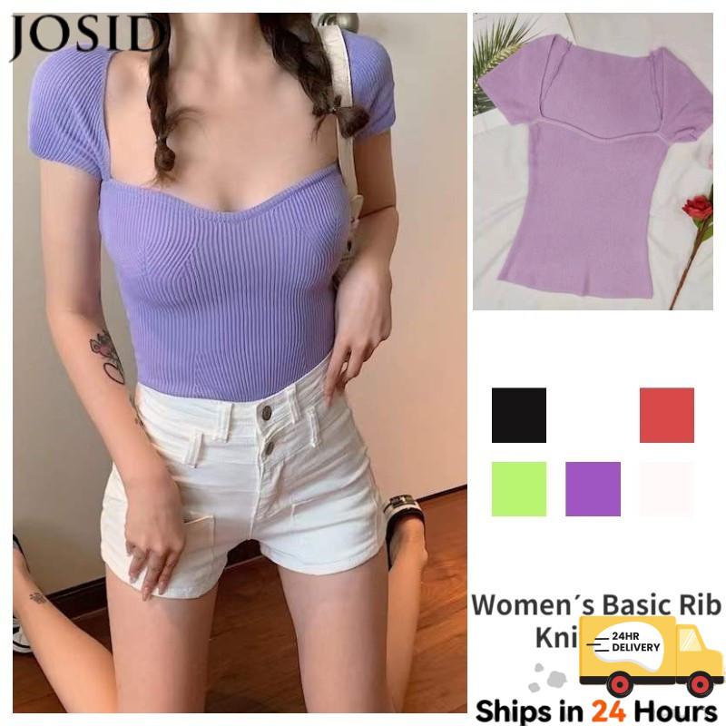 Women´s Basic Rib Knit Tops, Sexy Summer Short Sleeve Solid Color Slim ...