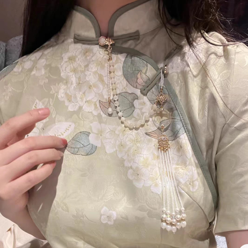 古风旗袍压襟莲花珍珠流苏蝴蝶吊坠汉服压襟胸前挂装饰胸针配饰Antique Cheongsam Flap Lotus Pearl Tassel ...