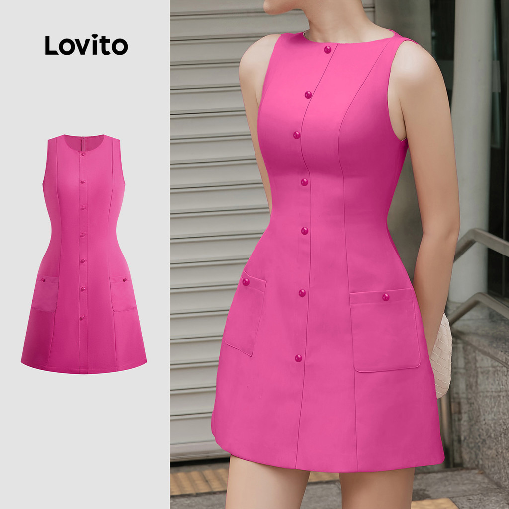 Lovito Elegant Dress Pocket Exquisite Button Front Spring/summer Rose ...
