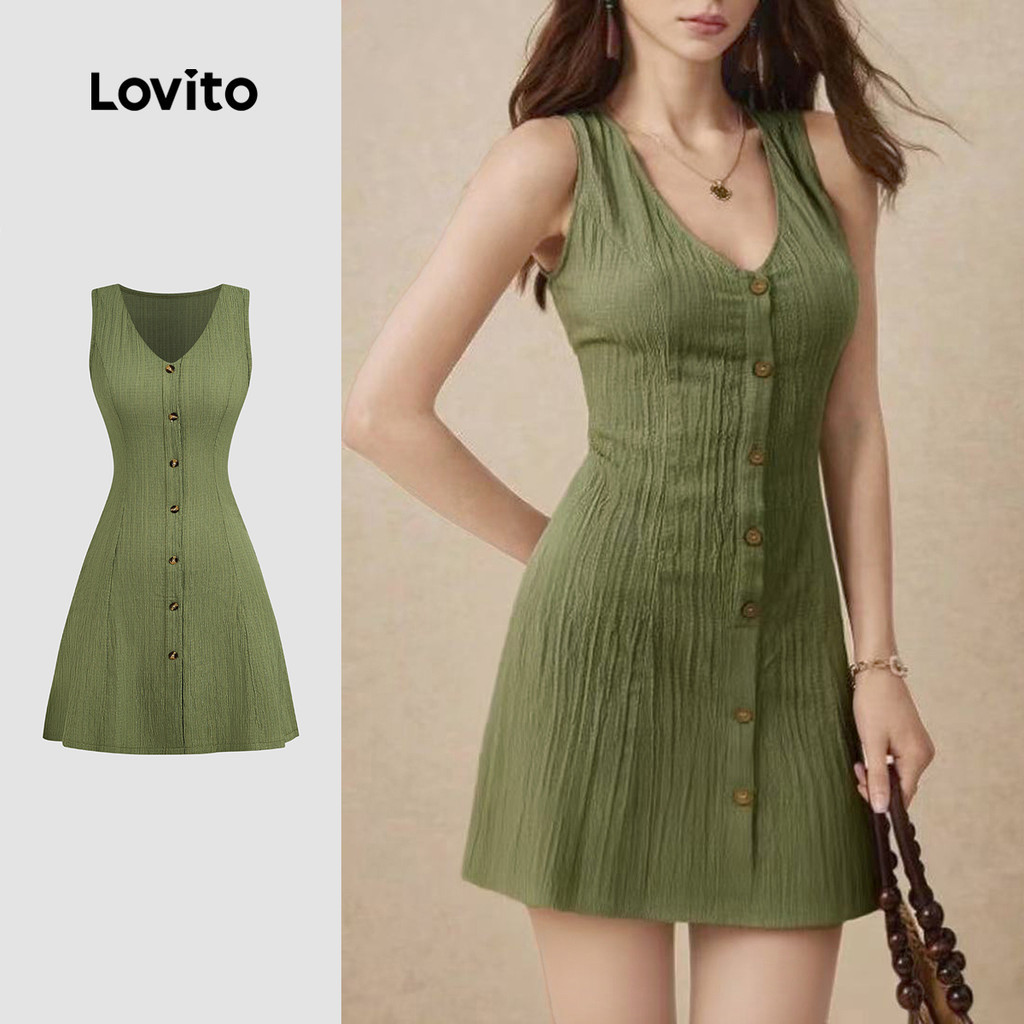 Lovito Women Casual Dress Button Front Spring/summer Green Dress ...