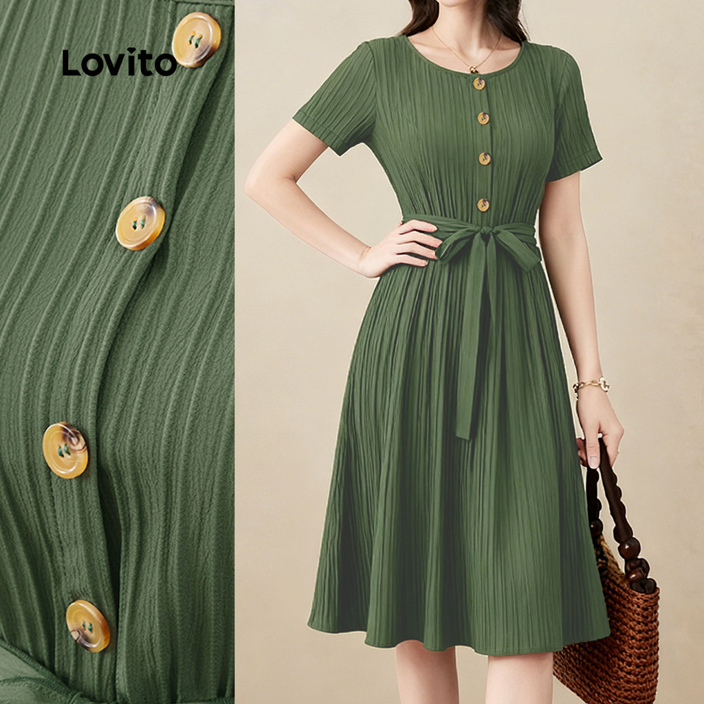 Lovito Women Casual Dress Button Front Spring/summer Green Dress ...