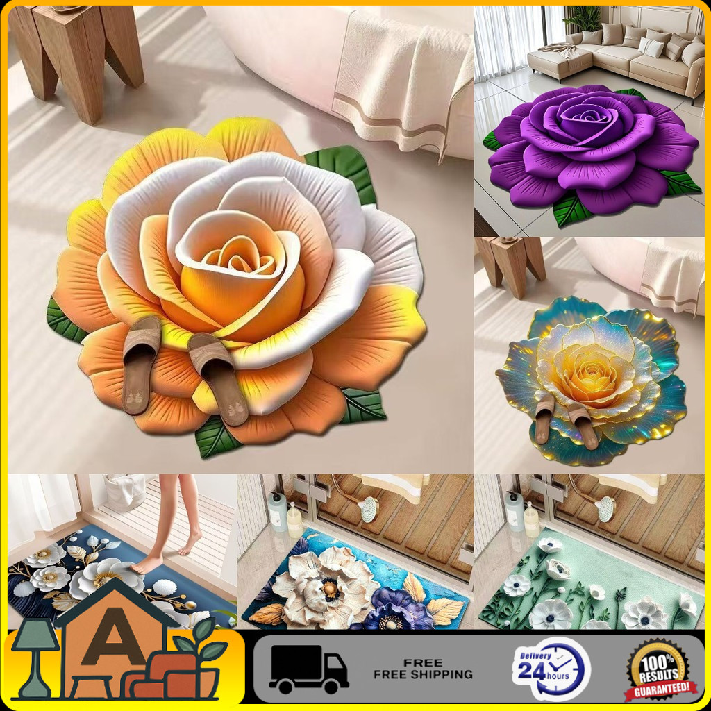 3D Rose Floral Diatom Mud Floor Mat Bathroom Water Absorbing Foot Mat ...