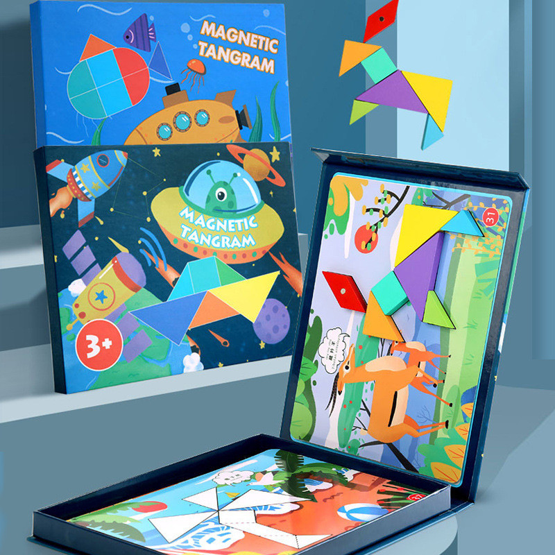 Wooden Magnetic Book Tangram Cartoon Scene Creative Puzzle Children's ...
