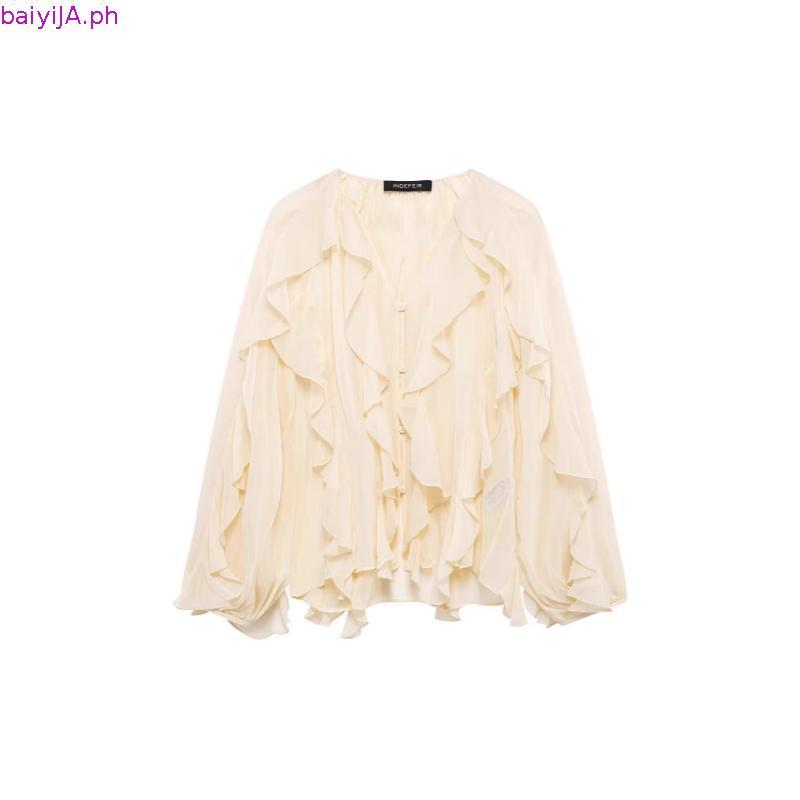 25 Spring New Women's Clothing Layered Ruffle Decorated Shirt | Shopee ...