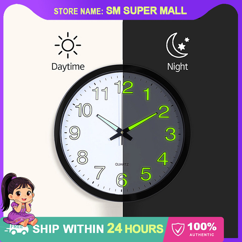 【Fashion】12" Luminous Wall Clock Glow In The Dark with Night Light Big ...