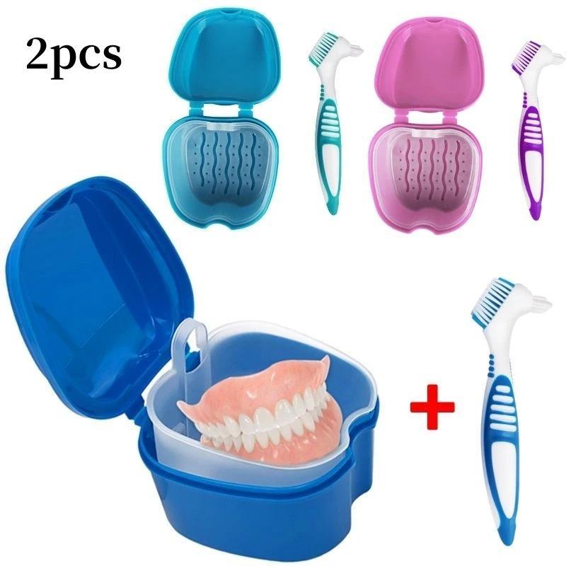 2PC Denture Bath Box Denture Clean Brush False Teeth Storage Box With ...