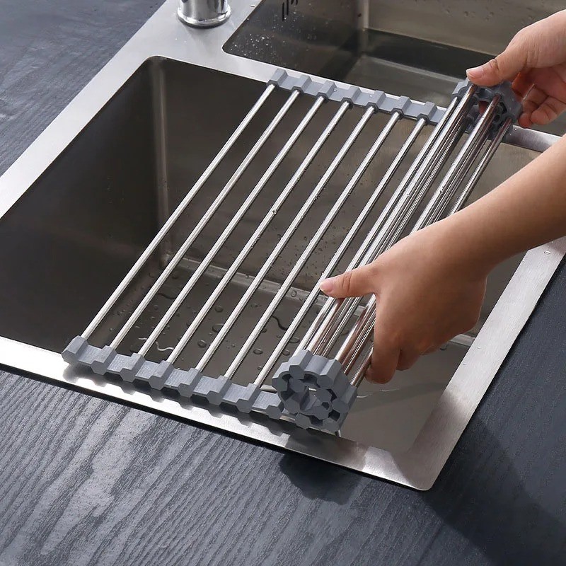 Over Sink Roll-up Dish Drainer Kitchen Dish Drying Rack Stainless Steel ...
