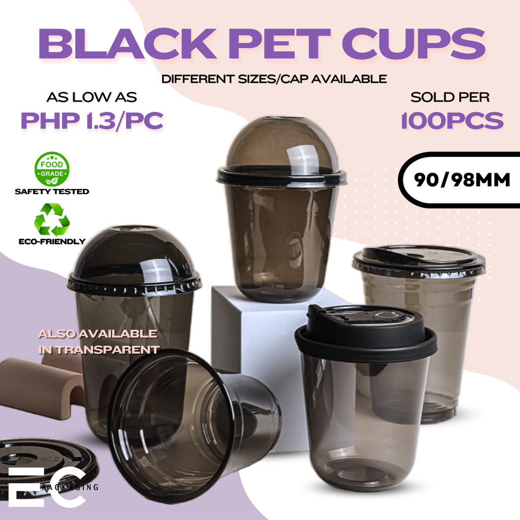 [EC 100Pcs 90MM/98MM 360ML/400ML/500ML/600ML Black PET Cups & Lids UCup ...