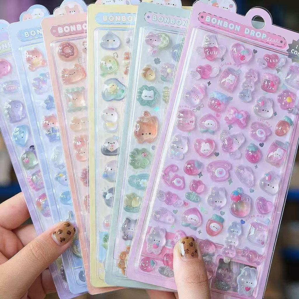 Cartoon 3D Relief Waterproof Transparent Crystal Sticker Candy Rabbit ...