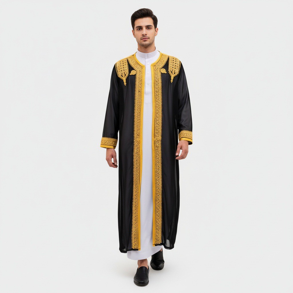2026 Arabian Traditional Men's Robe Thobe Luxury Golden Embroidered ...