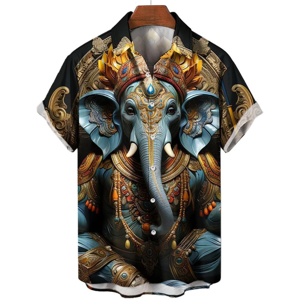 Hawaiian T-Shirt Short Sleeves 3D Printed Elephant Button Style Summer ...