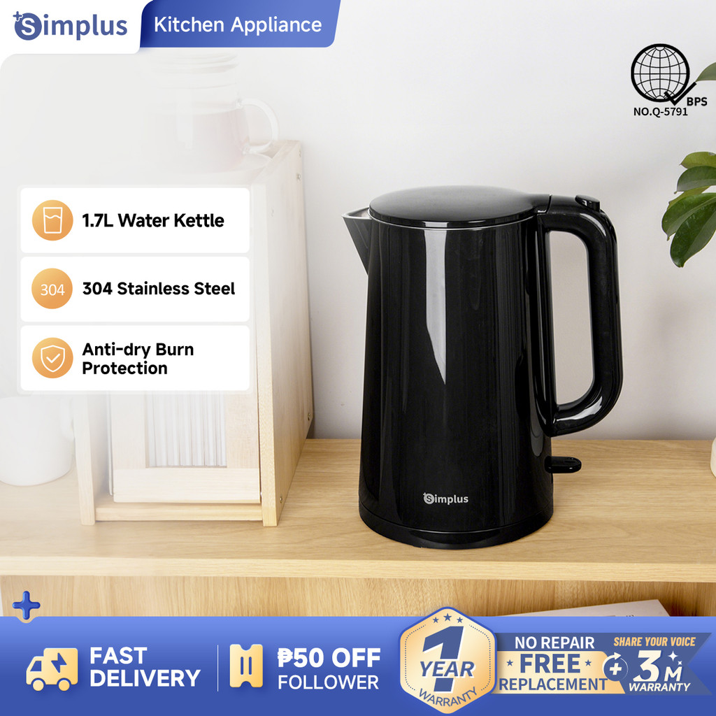 Simplus 1.7L Electric Kettle 1500W Double Layer Anti-scalding Kettle ...