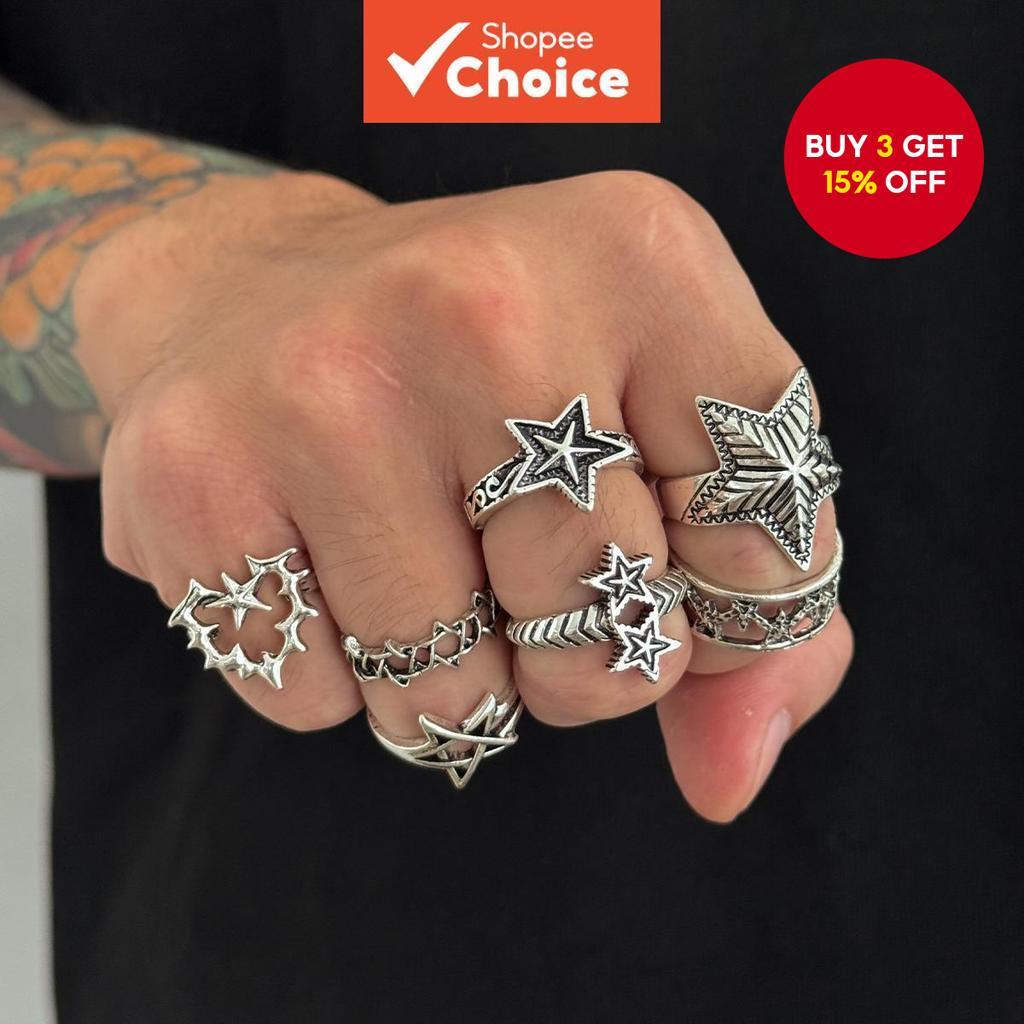 7Pcs Hollow Heart & Star Ring Set for Men, Retro Metal Stackable Rings ...