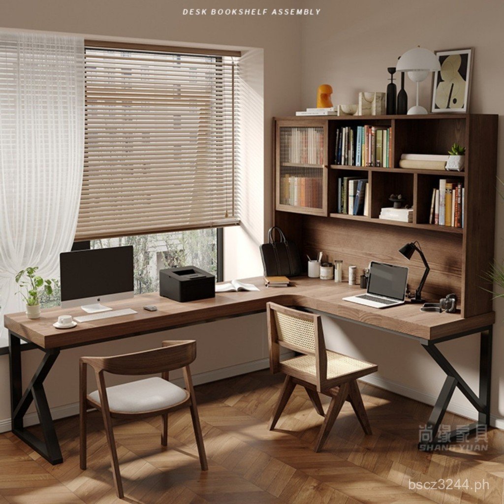 Corner Home Study Bookshelf Desk Double Integrated l Computer desk with ...