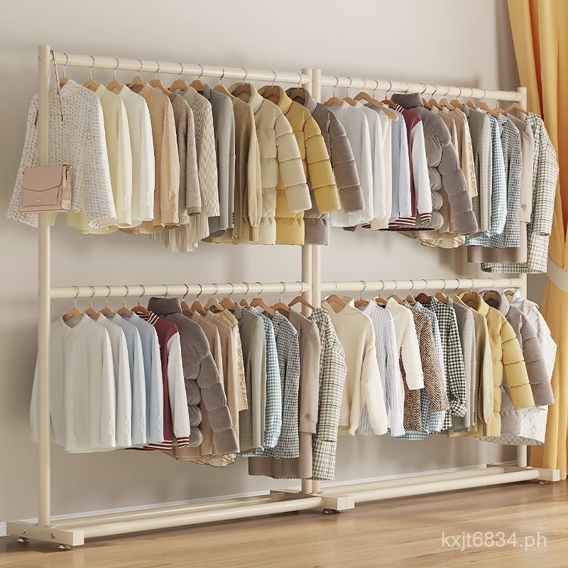 Double-layer clothes rack with hanger basket for storing dirty clothes ...