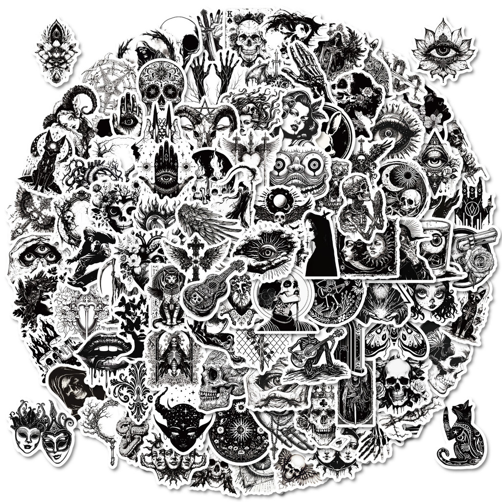 100 Sheets Black White Gothic Punk Style Graffiti Stickers Luggage ...