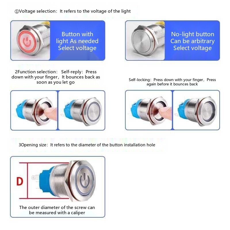19mm metal button switch, flashing, channel, control, dual connection ...