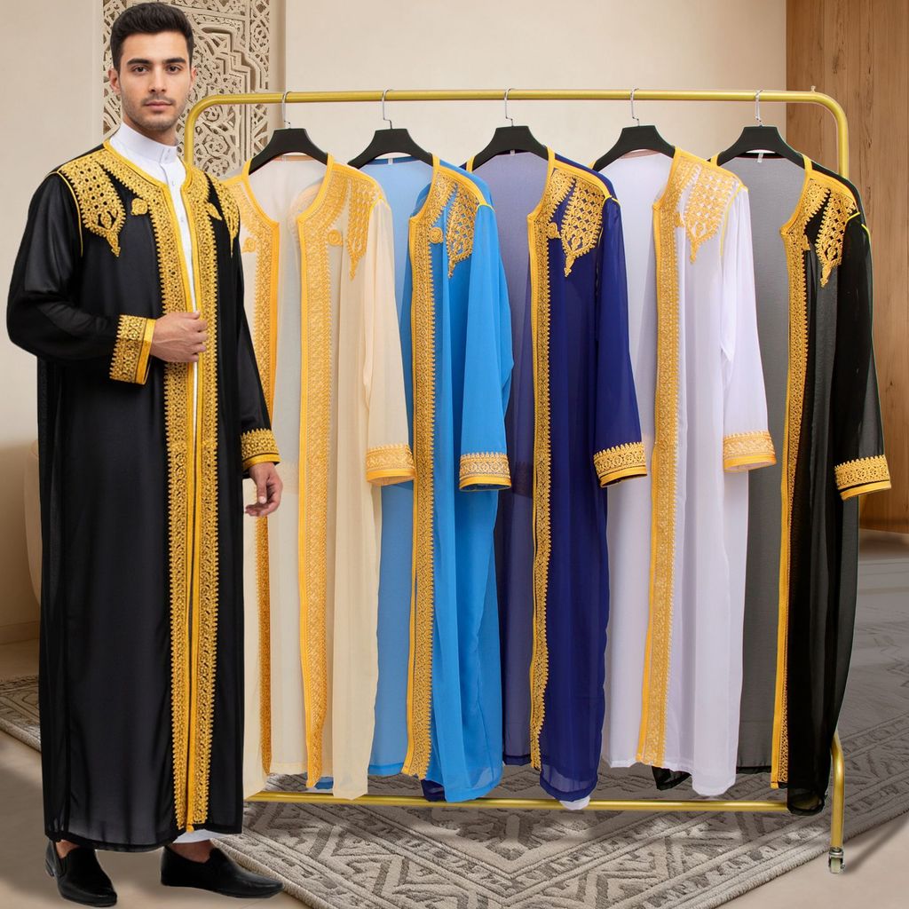 2026 Arabian Traditional Men's Robe Thobe Luxury Golden Embroidered ...