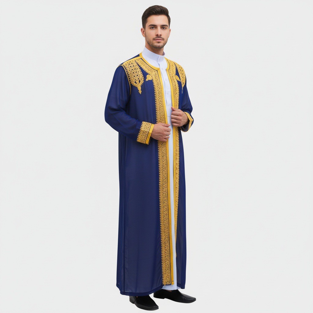 2026 Arabian Traditional Men's Robe Thobe Luxury Golden Embroidered ...