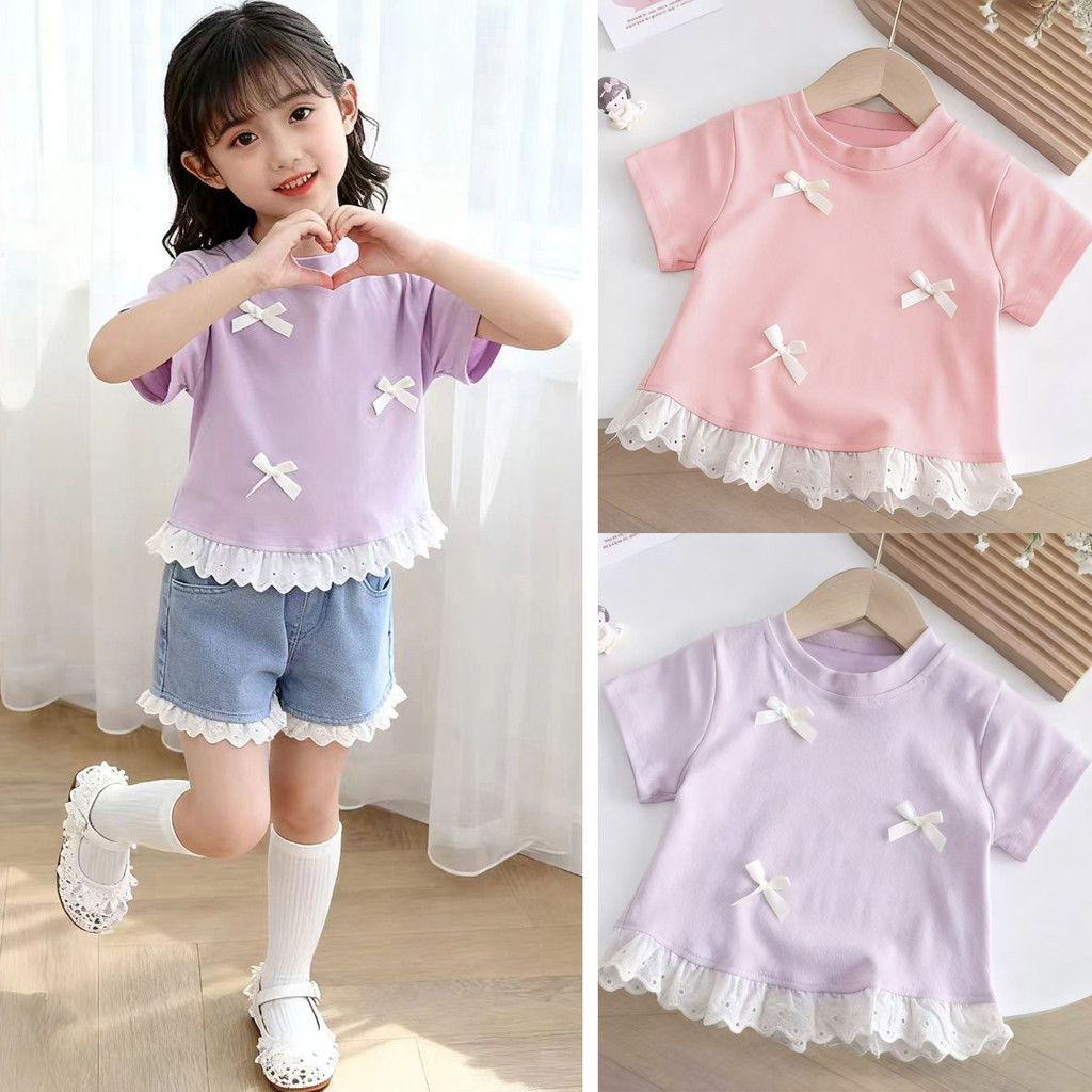 Cute Girl's Ribbon T-shirt Korean Style Trendy Coquette Lace Ruffle Hem ...