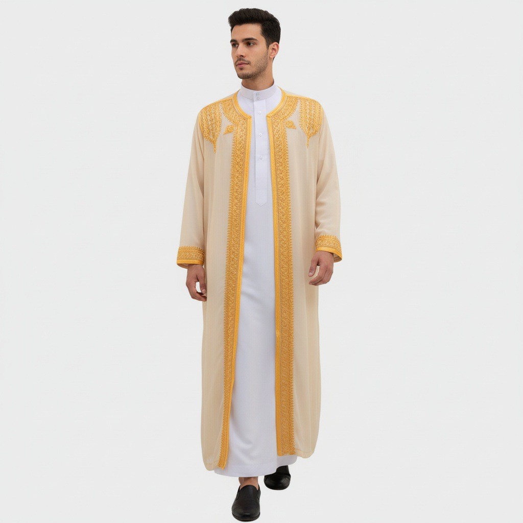 2026 Arabian Traditional Men's Robe Thobe Luxury Golden Embroidered ...